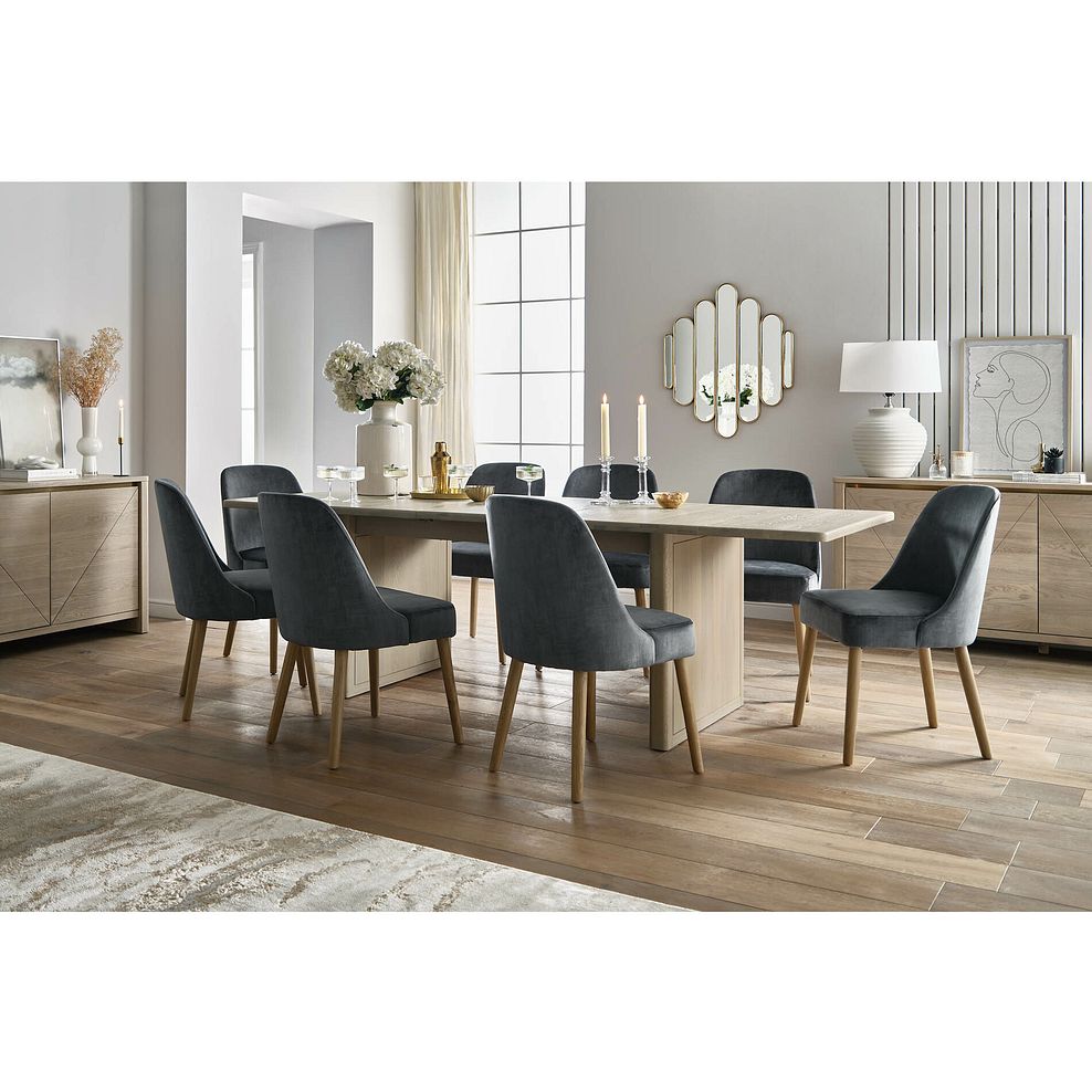 Gatsby Washed Oak Extending Dining Table + 8 Bette Chairs with Oak Legs in Heritage Granite Velvet 2