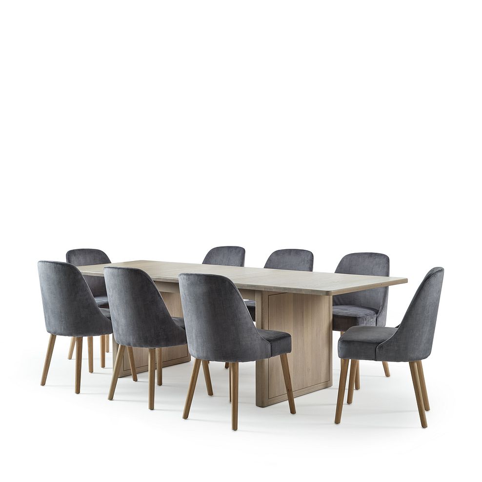 Gatsby Washed Oak Extending Dining Table + 8 Bette Chairs with Oak Legs in Heritage Granite Velvet 3