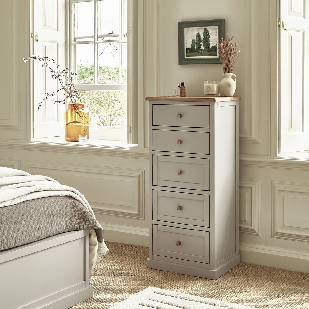 Henley Natural Oak and Stone Painted Hardwood 5 Drawer Tallboy 2