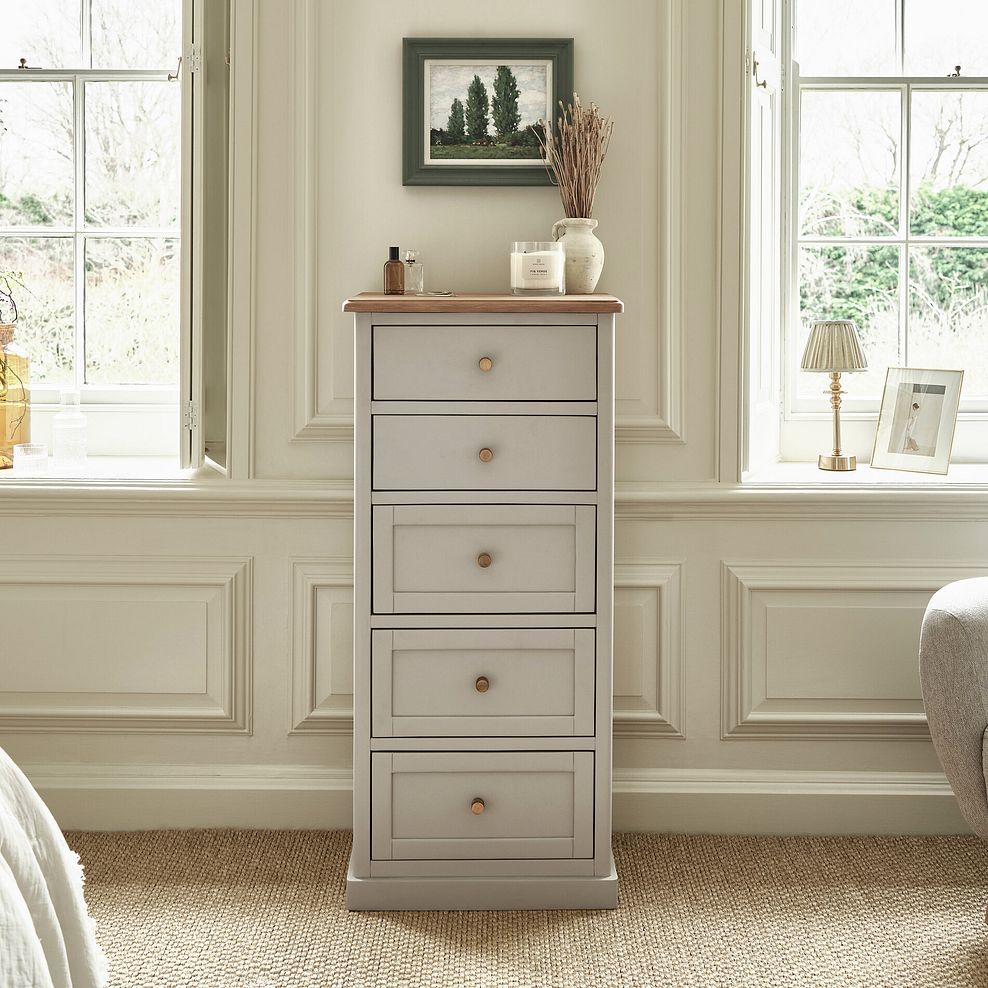 Henley Natural Oak and Stone Painted Hardwood 5 Drawer Tallboy 1