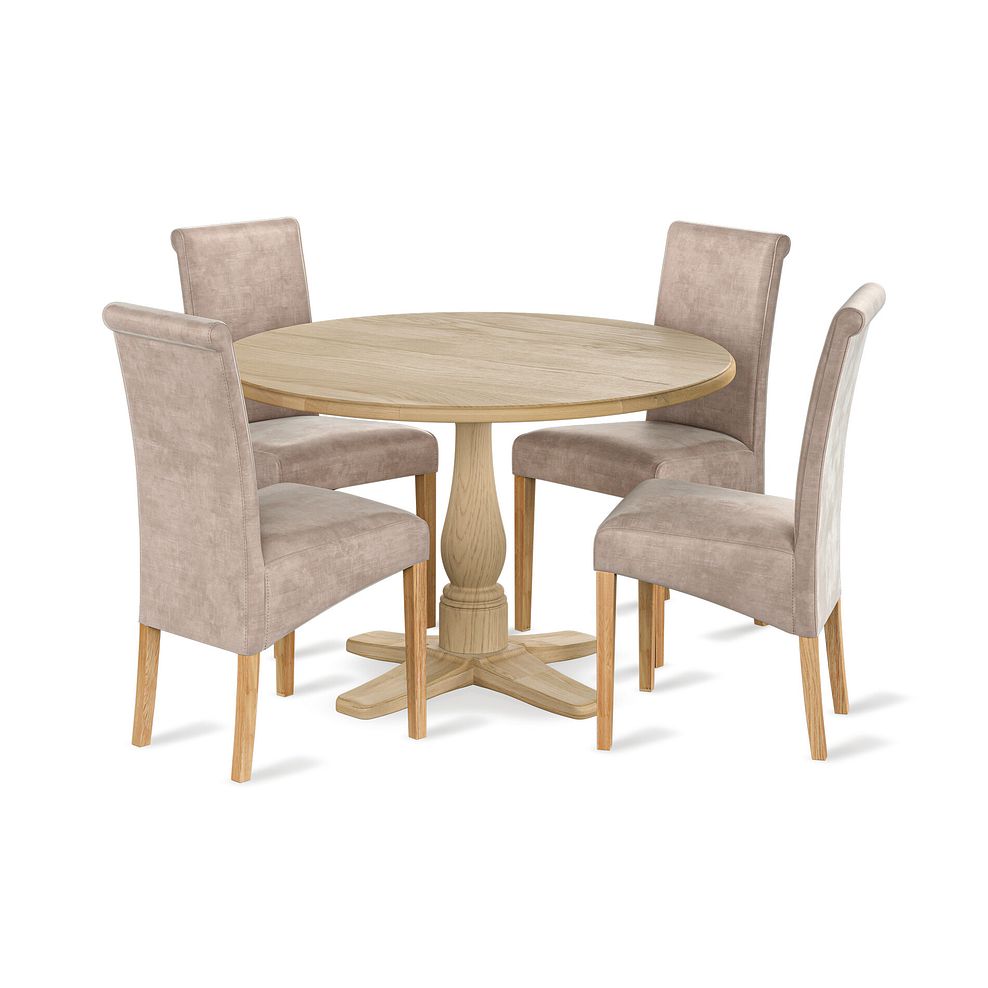 Henley Natural Oak Hardwood Round Dining Table + 4 Scroll Back Chairs in Heritage Mink Velvet with Oak Legs 1