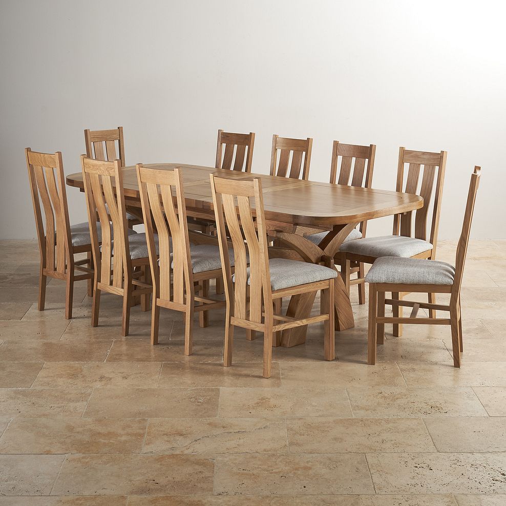 Hercules Natural Solid Oak Extending Dining Table and 10 Arched Back Chairs with Plain Grey Fabric Seats Thumbnail 2