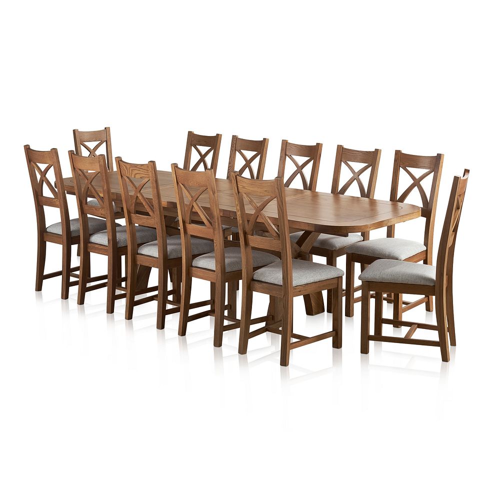 Hercules Rustic Solid Oak Extending Dining Table and 12 Cross Back Chairs with Plain Grey Fabric Seats Thumbnail 1