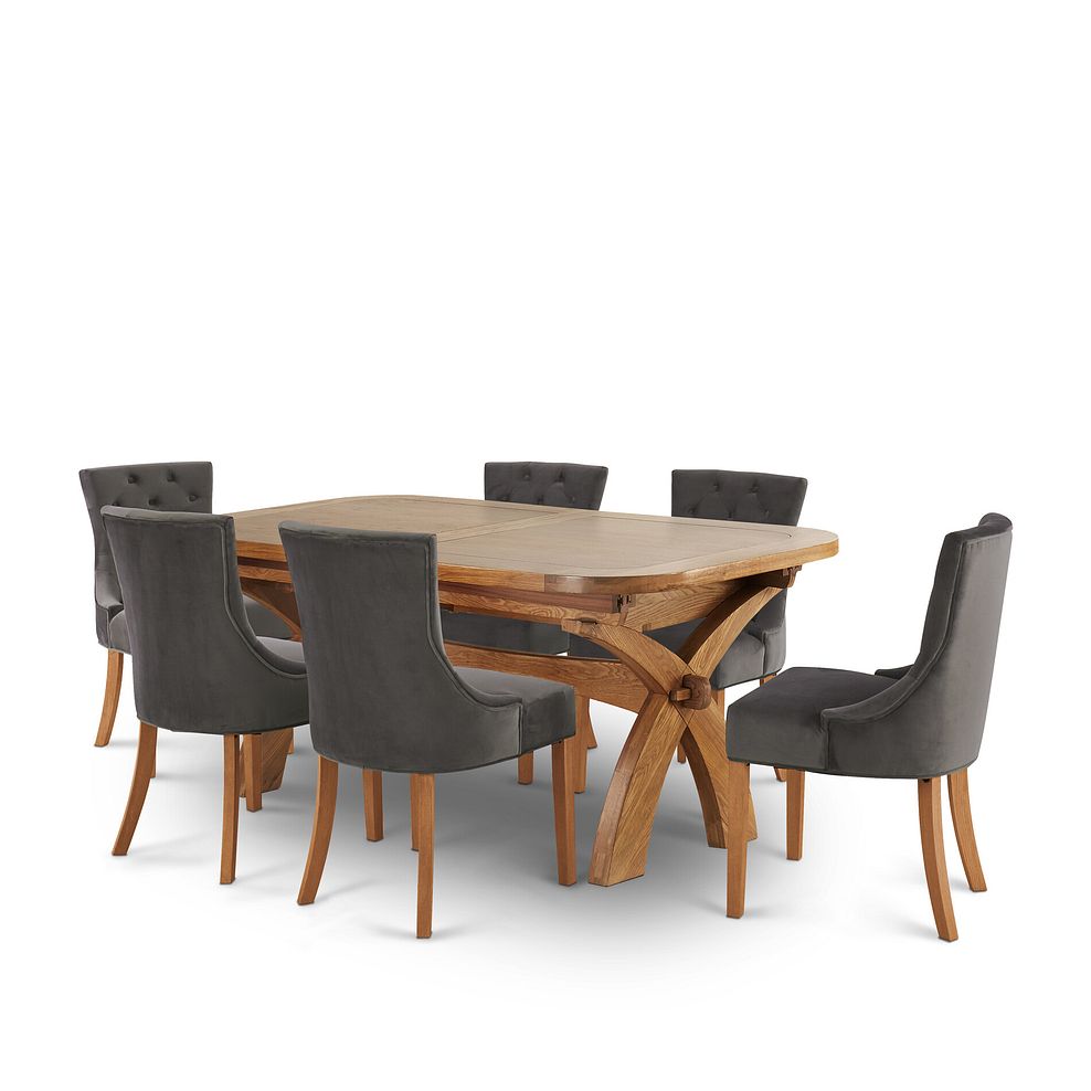 Hercules 6ft x 3ft 3" Natural Solid Oak Extending Crossed Leg Dining Table + 6 Isobel Button Back Chair in Storm Grey Velvet with Natural Oak Legs 1