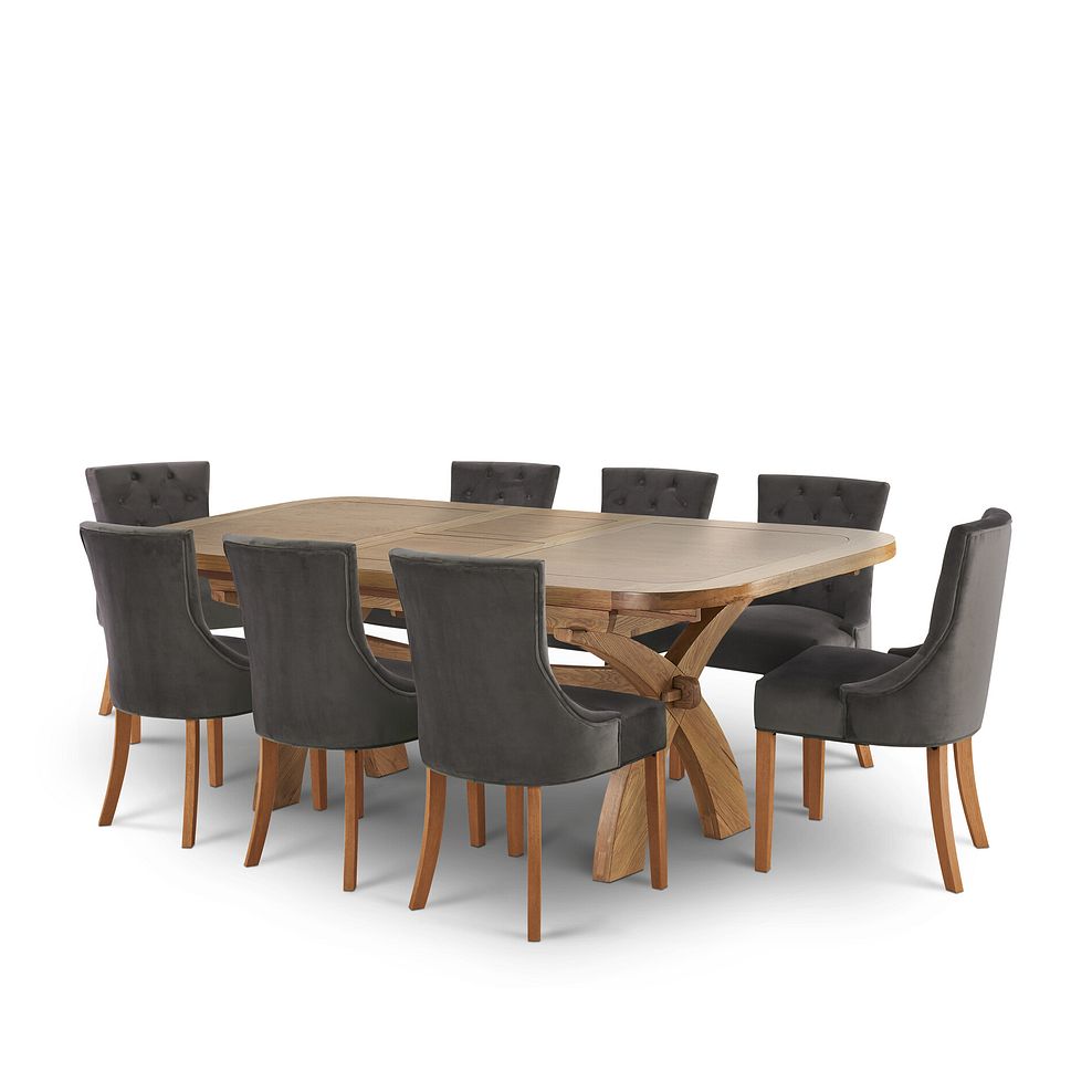 Hercules 6ft x 3ft 3" Natural Solid Oak Extending Crossed Leg Dining Table + 8 Isobel Button Back Chair in Storm Grey Velvet with Natural Oak Legs 1