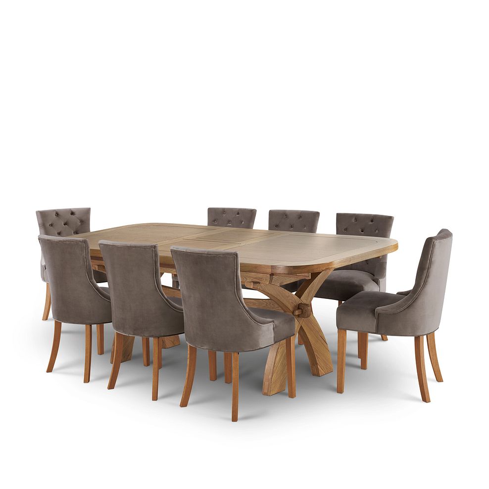 Hercules 6ft x 3ft 3" Natural Solid Oak Extending Crossed Leg Dining Table + 8 Isobel Button Back Chair in Taupe Velvet with Natural Oak Legs 1