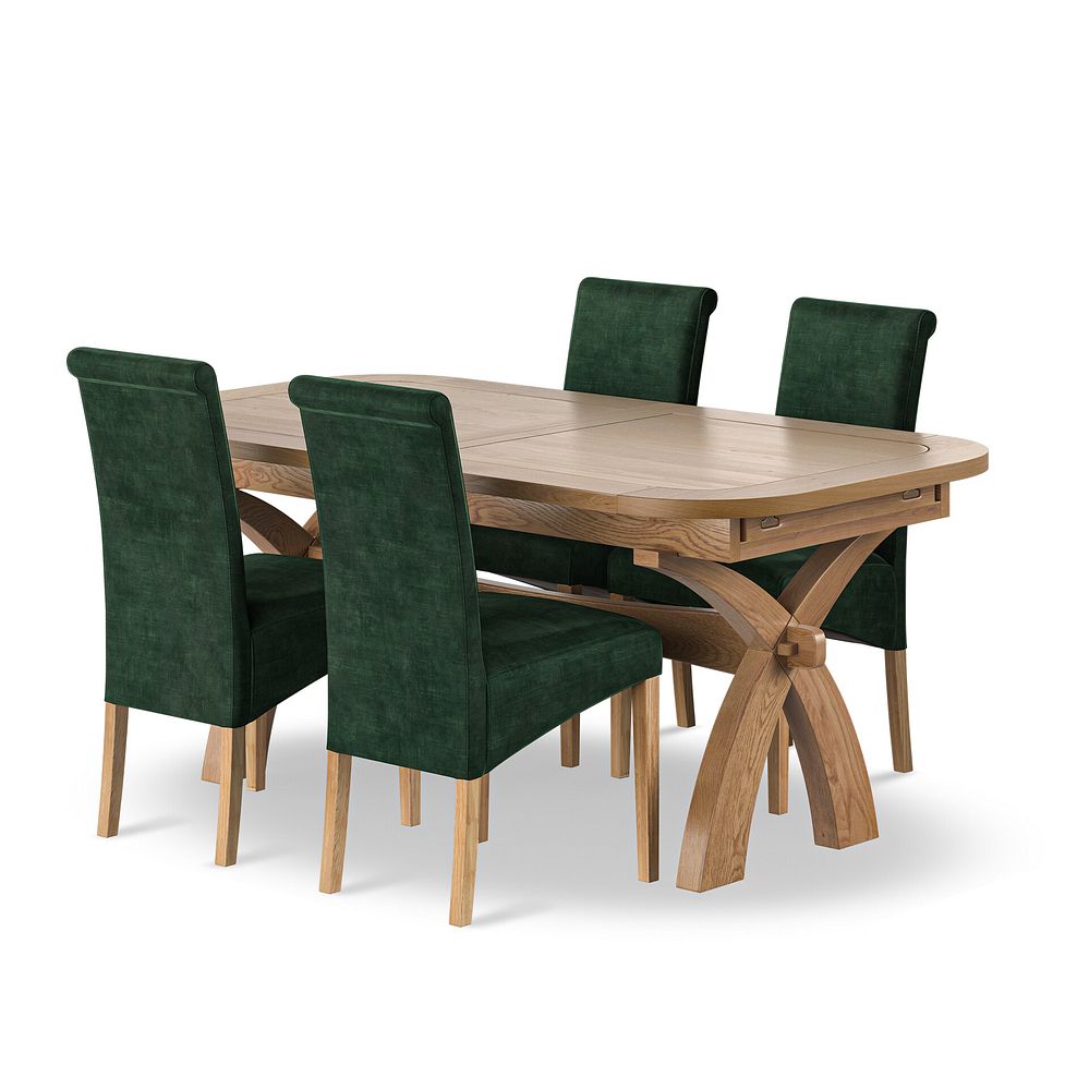 Hercules Natural Oak 6ft Extending Dining Table + 4 Scroll Back Chairs in Heritage Bottle Green Velvet with Oak Legs 1
