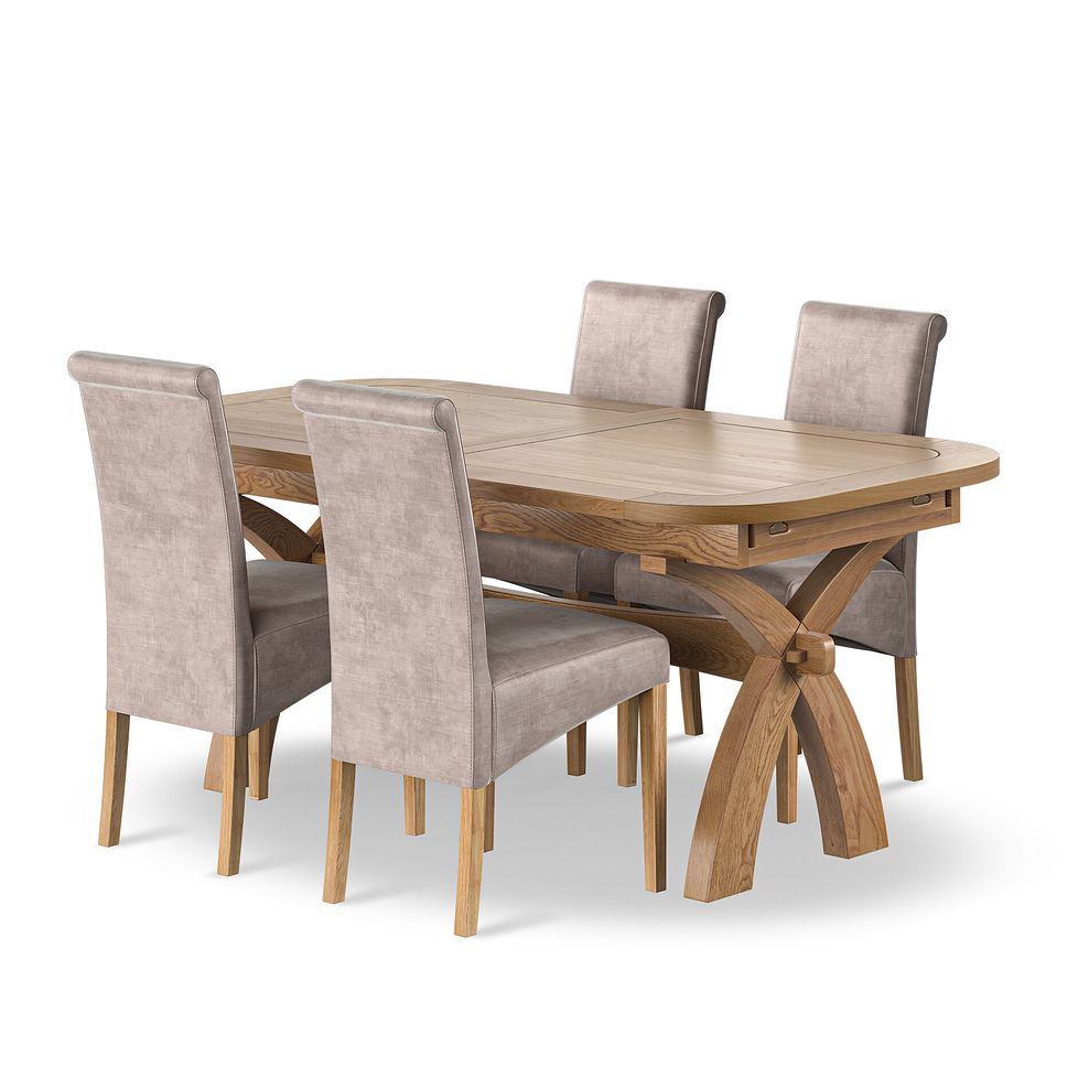 Hercules Natural Oak 6ft Extending Dining Table + 4 Scroll Back Chairs in Heritage Mink Velvet with Oak Legs 1