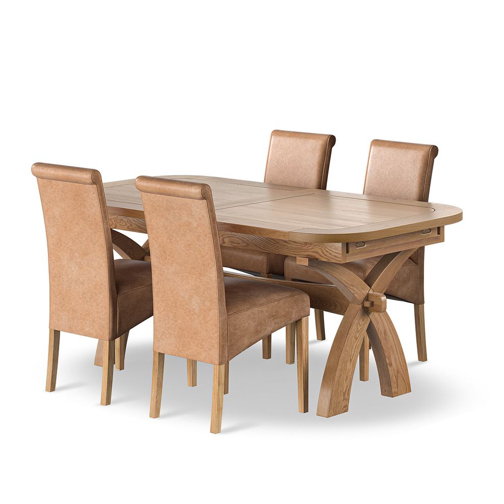 Hercules Natural Oak 6ft Extending Dining Table + 4 Scroll Back Chairs in Vintage Tan Leather Look Fabric with Oak Legs 1