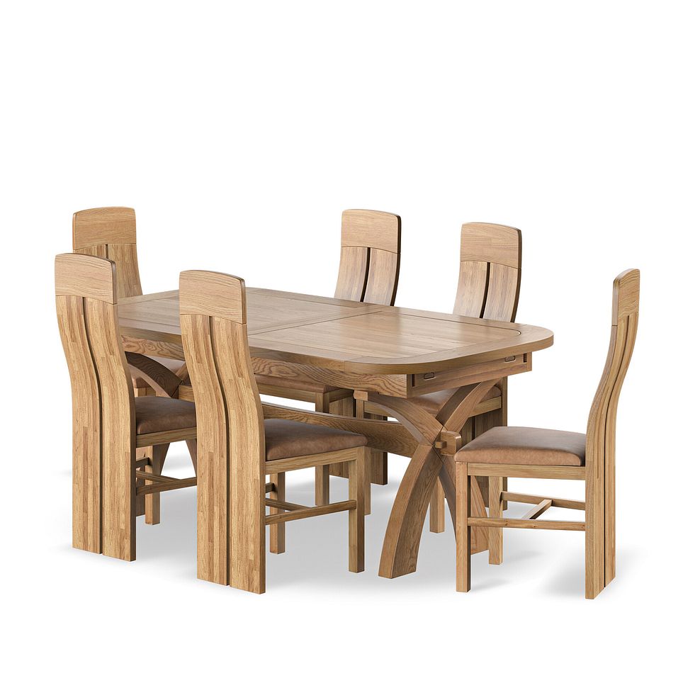 Hercules Natural Oak 6ft Extending Dining Table + 6 Lily Natural Oak Dining Chairs with Vintage Tan Leather-Look Fabric Seat 1