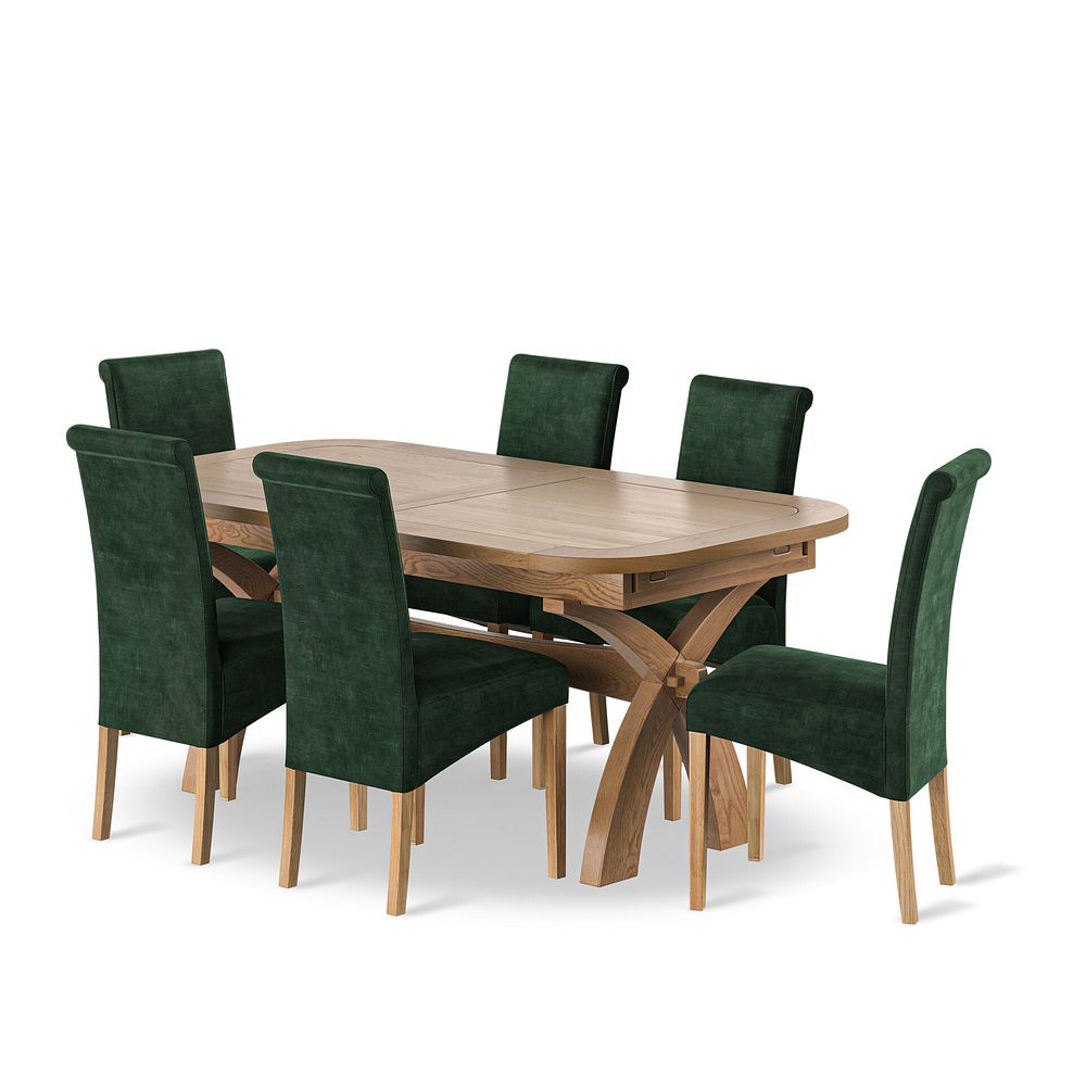 Hercules Natural Oak 6ft Extending Dining Table + 6 Scroll Back Chairs in Heritage Bottle Green Velvet with Oak Legs 1