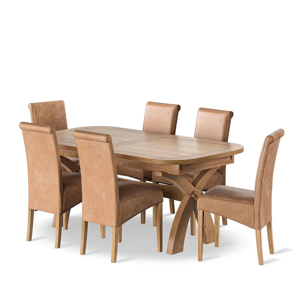 Hercules Natural Oak 6ft Extending Dining Table + 6 Scroll Back Chairs in Vintage Tan Leather Look Fabric with Oak Legs 1