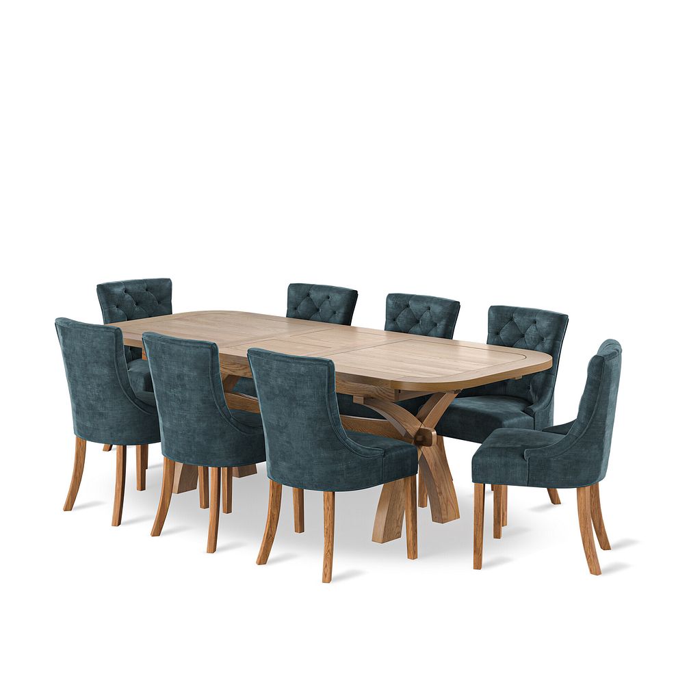Hercules Natural Oak 6ft Extending Dining Table + 8  Isobel Button Back Chairs Seat in Heritage Airforce Velvet 1