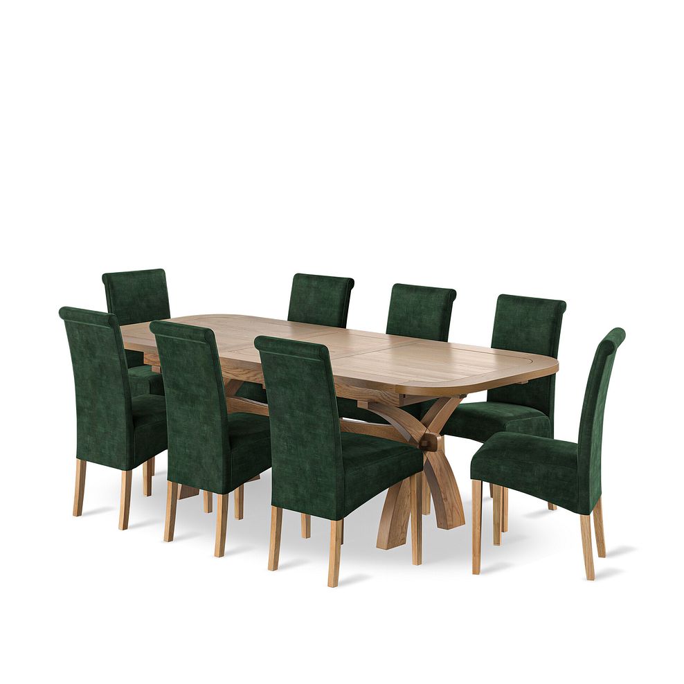 Hercules Natural Oak 6ft Extending Dining Table + 8 Scroll Back Chairs in Heritage Bottle Green Velvet with Oak Legs 1