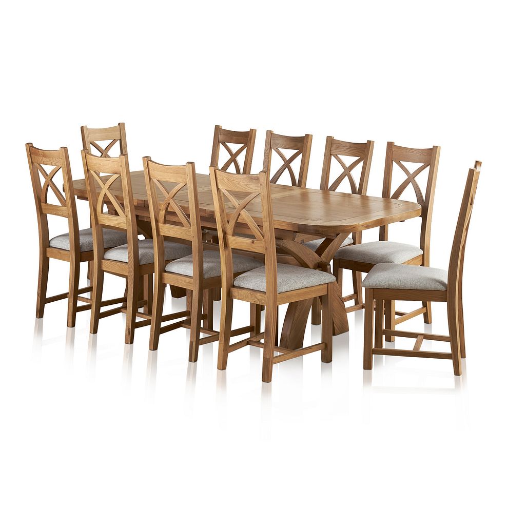 Hercules Natural Oak Extending Dining Table + 10 Cross Back Natural Oak Chairs with Plain Grey Fabric Seat 1