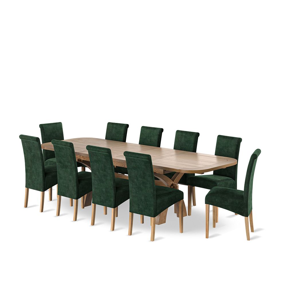 Hercules Natural Oak Extending Dining Table + 10 Scroll Back Chairs in Heritage Bottle Green Velvet with Oak Legs 1