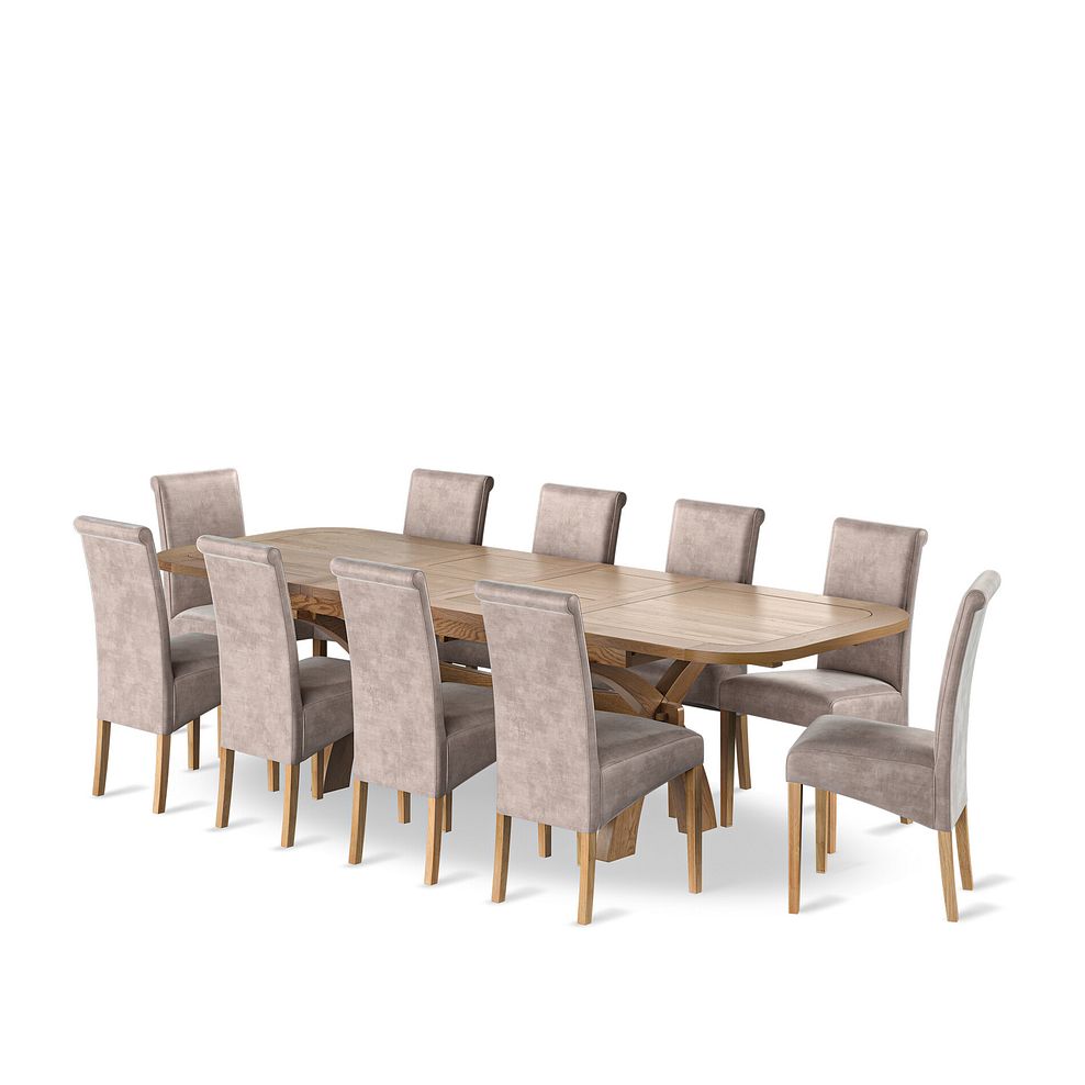 Hercules Natural Oak Extending Dining Table + 10 Scroll Back Chairs in Heritage Mink Velvet with Oak Legs 1