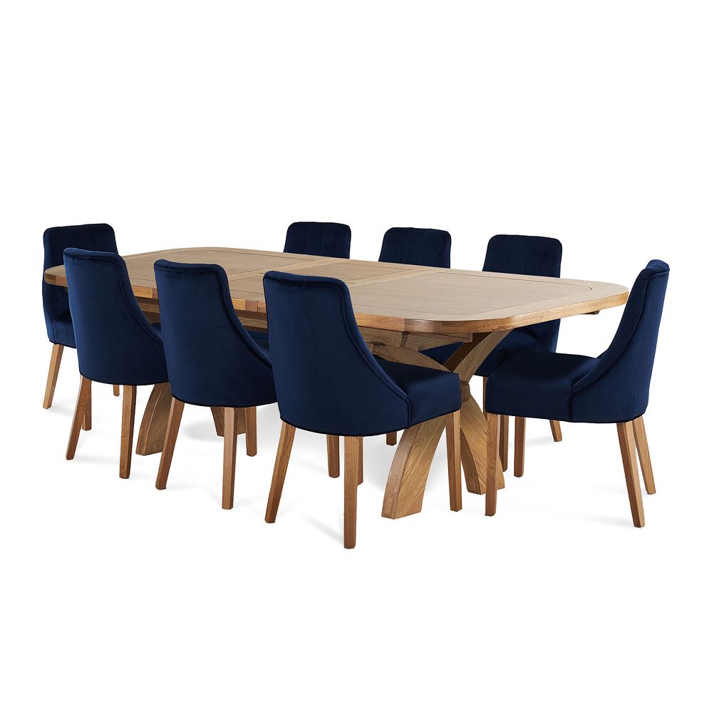 Hercules Natural Oak Extending Dining Table + 8 Marlene Chairs with Oak Legs in Midnight Velvet 1