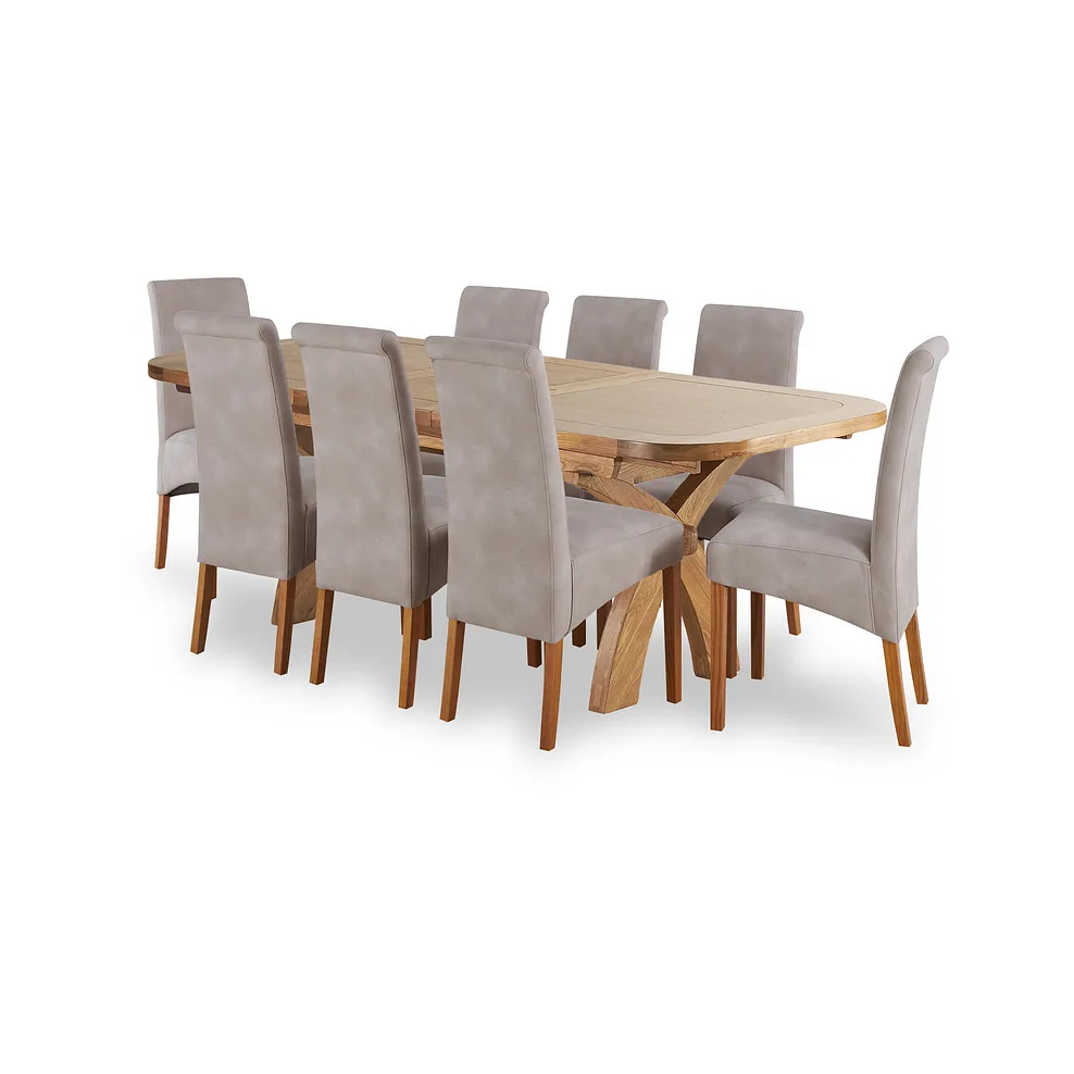 Hercules Natural Oak Extending Dining Table + 8 Scroll Back Chairs in Dappled Beige Fabric with Solid Oak Legs 1