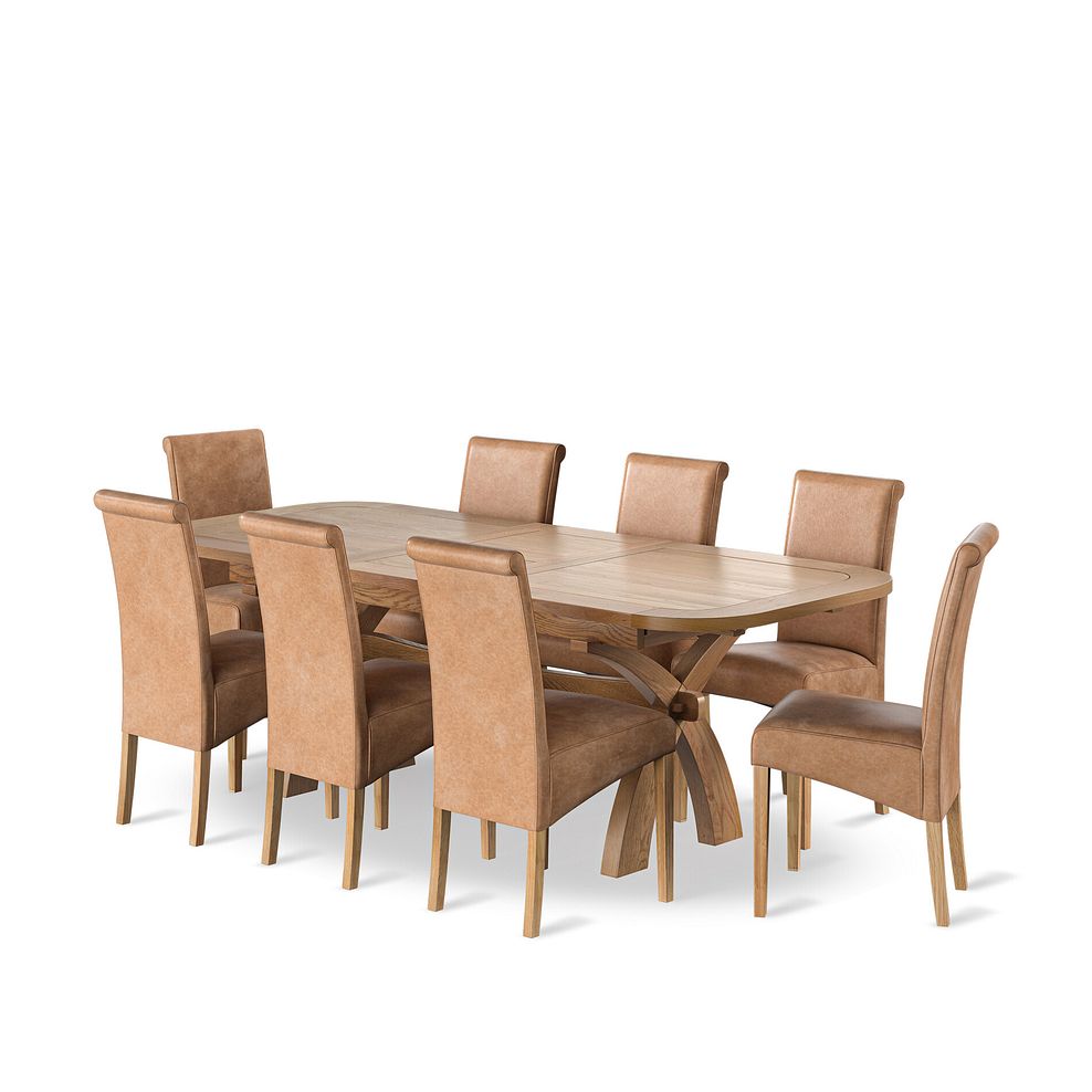 Hercules Natural Oak Extending Dining Table + 8 Scroll Back Chairs in Vintage Tan Leather Look Fabric with Oak Legs 1