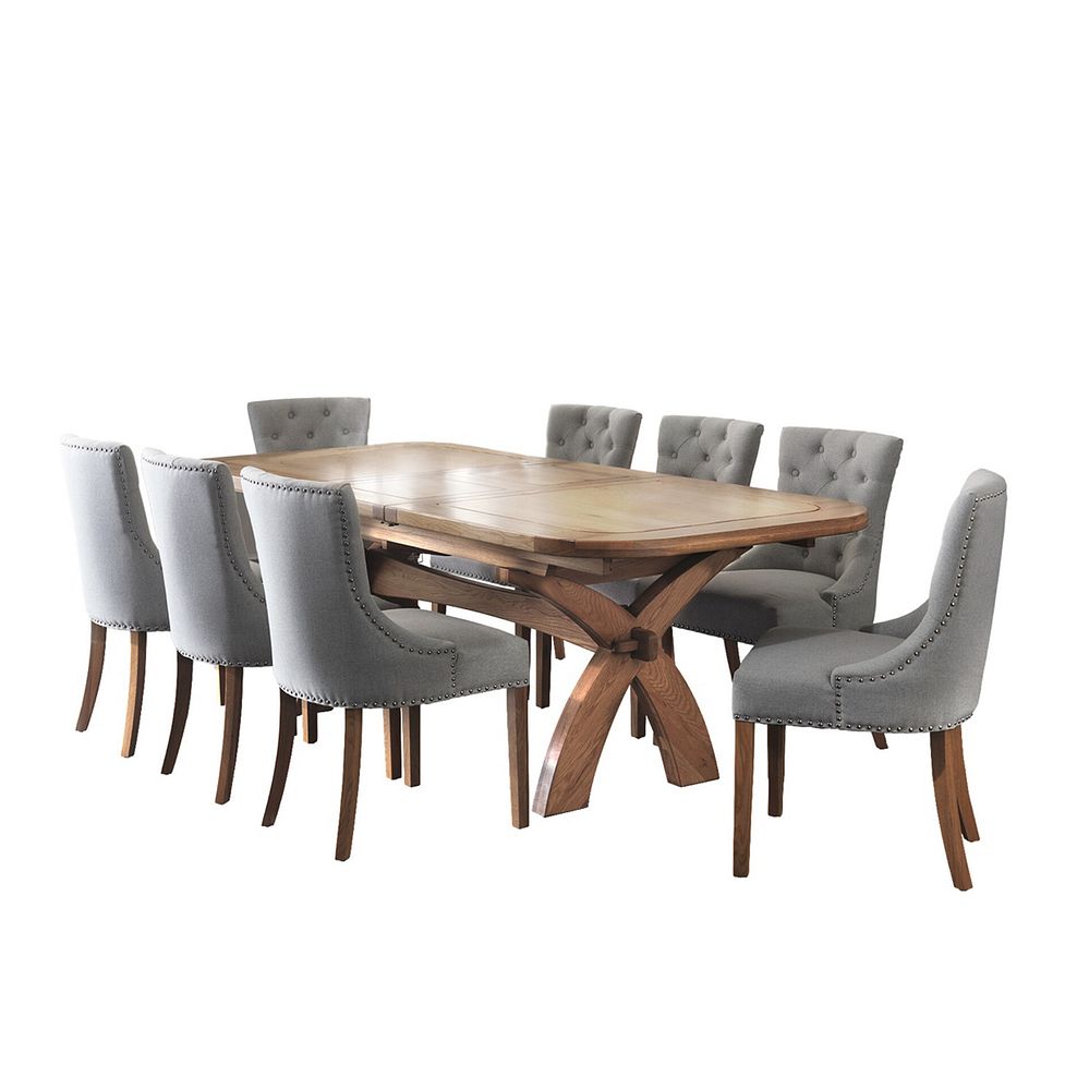 Hercules Natural Oak Extending Dining Table + 8 Vivien Button Back Chairs in Cream Fabric 1