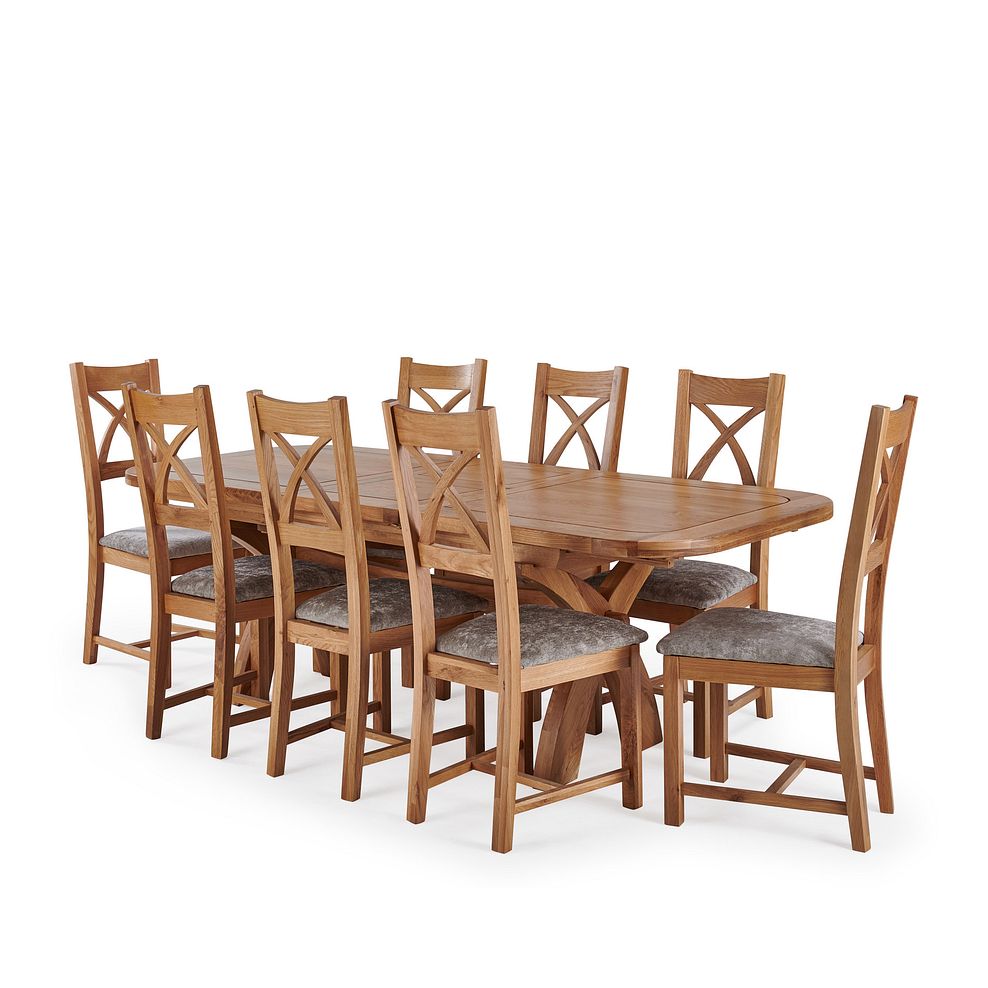 Hercules Natural Solid Oak Extending Dining Table and 8 Cross Back Chairs with Plain Truffle Fabric Seats 1