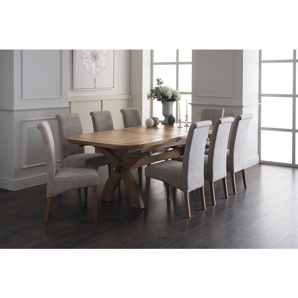Hercules Natural Solid Oak Extending Dining Table and 8 Scroll Back Chairs in Dappled Beige Fabric 1