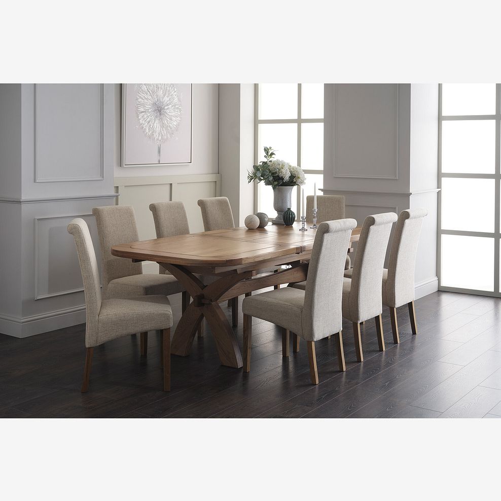Hercules Natural Solid Oak Extending Dining Table and 8 Scroll Back Chairs in Plain Beige Fabric Thumbnail 2