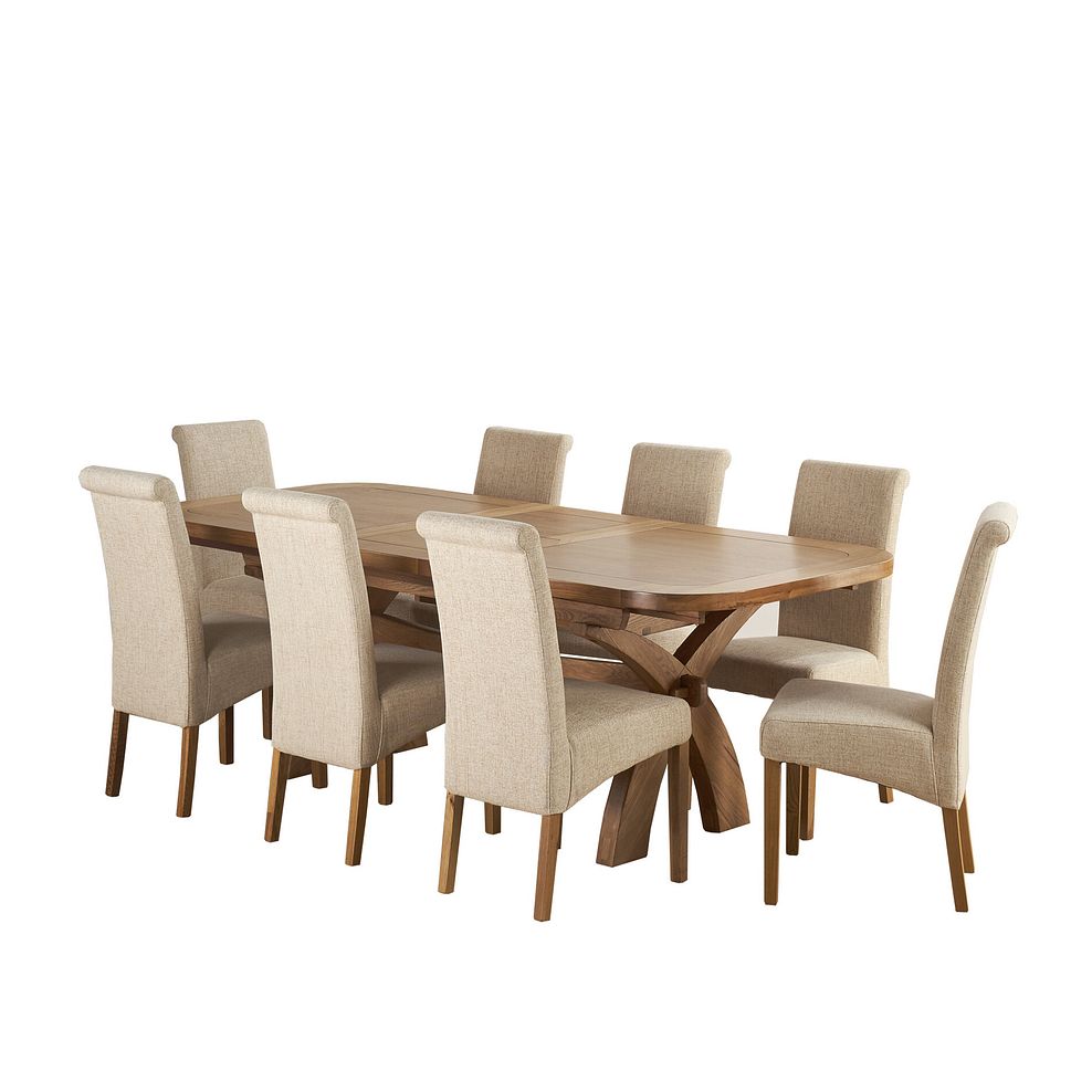 Hercules Natural Solid Oak Extending Dining Table and 8 Scroll Back Chairs in Plain Beige Fabric Thumbnail 3