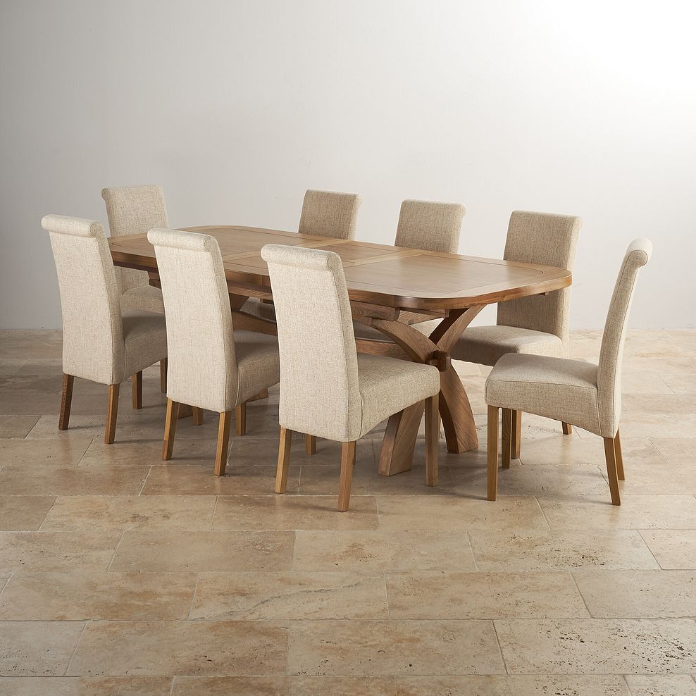 Hercules Natural Solid Oak Extending Dining Table and 8 Scroll Back Chairs in Plain Beige Fabric 1