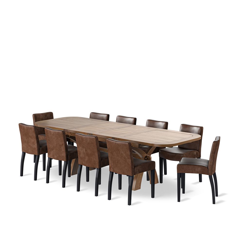 Hercules Rustic Oak 6ft Extending Dining Table + 10 Dawson Chairs with Black Legs in Vintage Brown Leather Look Fabric 1