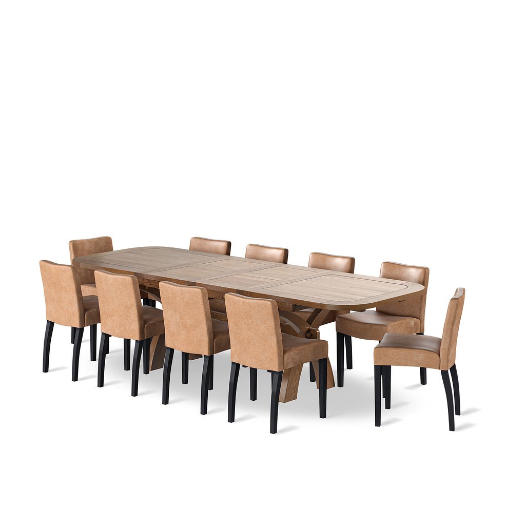 Hercules Rustic Oak 6ft Extending Dining Table + 10 Dawson Chairs with Black Legs in Vintage Tan Leather Look Fabric 1