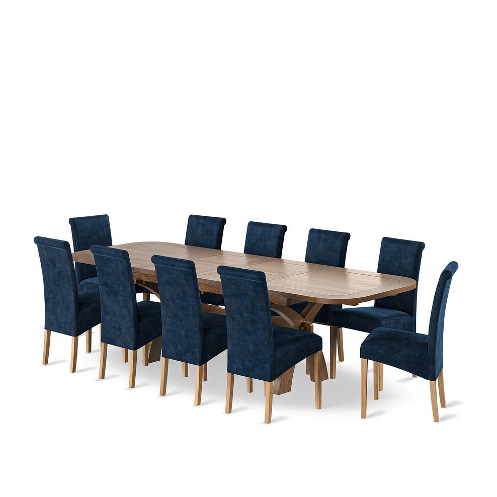 Hercules Rustic Oak 6ft Extending Dining Table + 10 Scroll Back Chairs in Heritage Royal Blue Velvet with Oak Legs 1