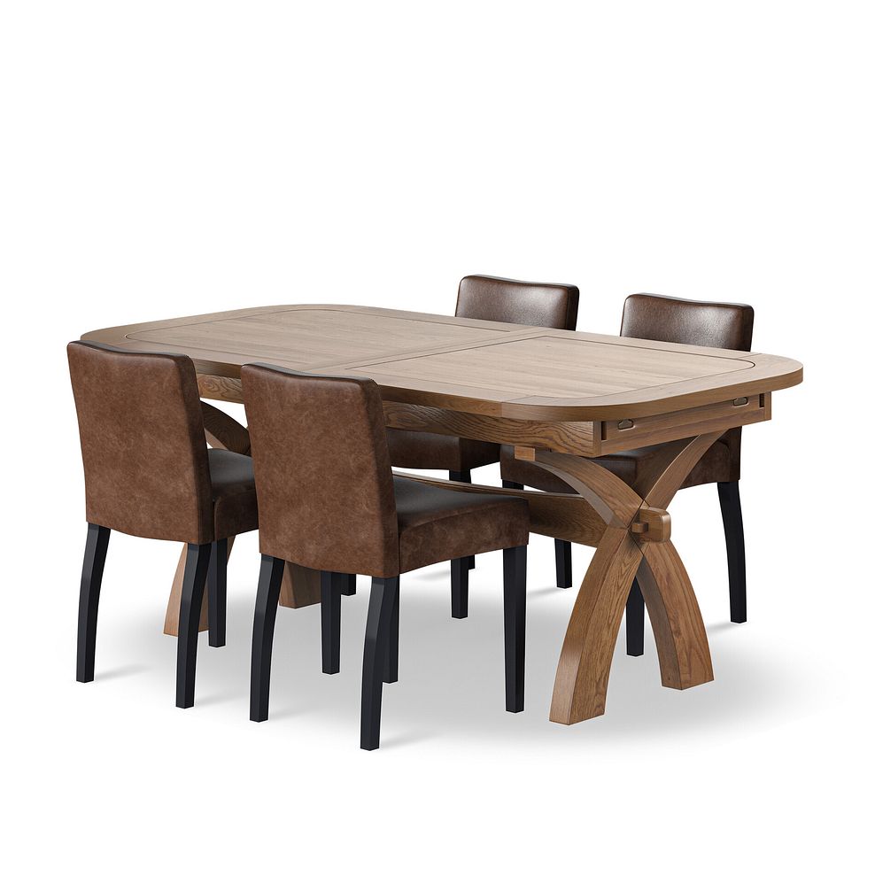 Hercules Rustic Oak 6ft Extending Dining Table + 4 Dawson Chairs with Black Legs in Vintage Brown Leather Look Fabric 1