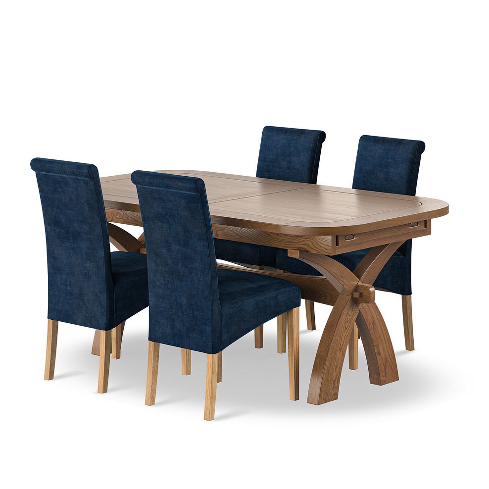 Hercules Rustic Oak 6ft Extending Dining Table + 4 Scroll Back Chairs in Heritage Royal Blue Velvet with Oak Legs 1