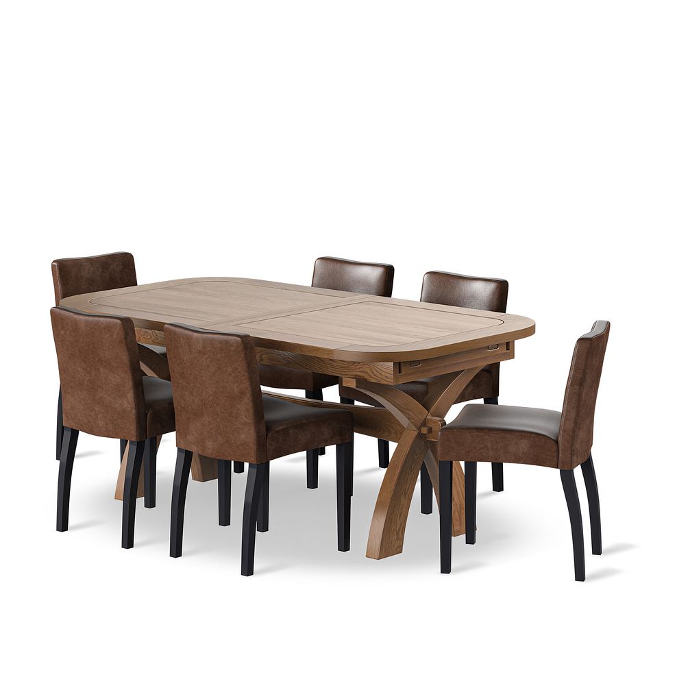 Hercules Rustic Oak 6ft Extending Dining Table + 6 Dawson Chairs with Black Legs in Vintage Brown Leather Look Fabric 1