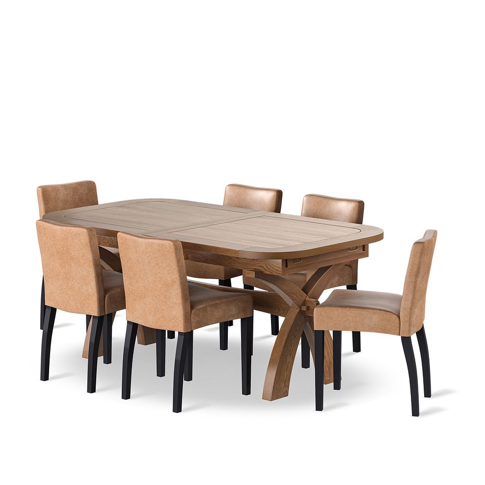 Hercules Rustic Oak 6ft Extending Dining Table + 6 Dawson Chairs with Black Legs in Vintage Tan Leather Look Fabric 1