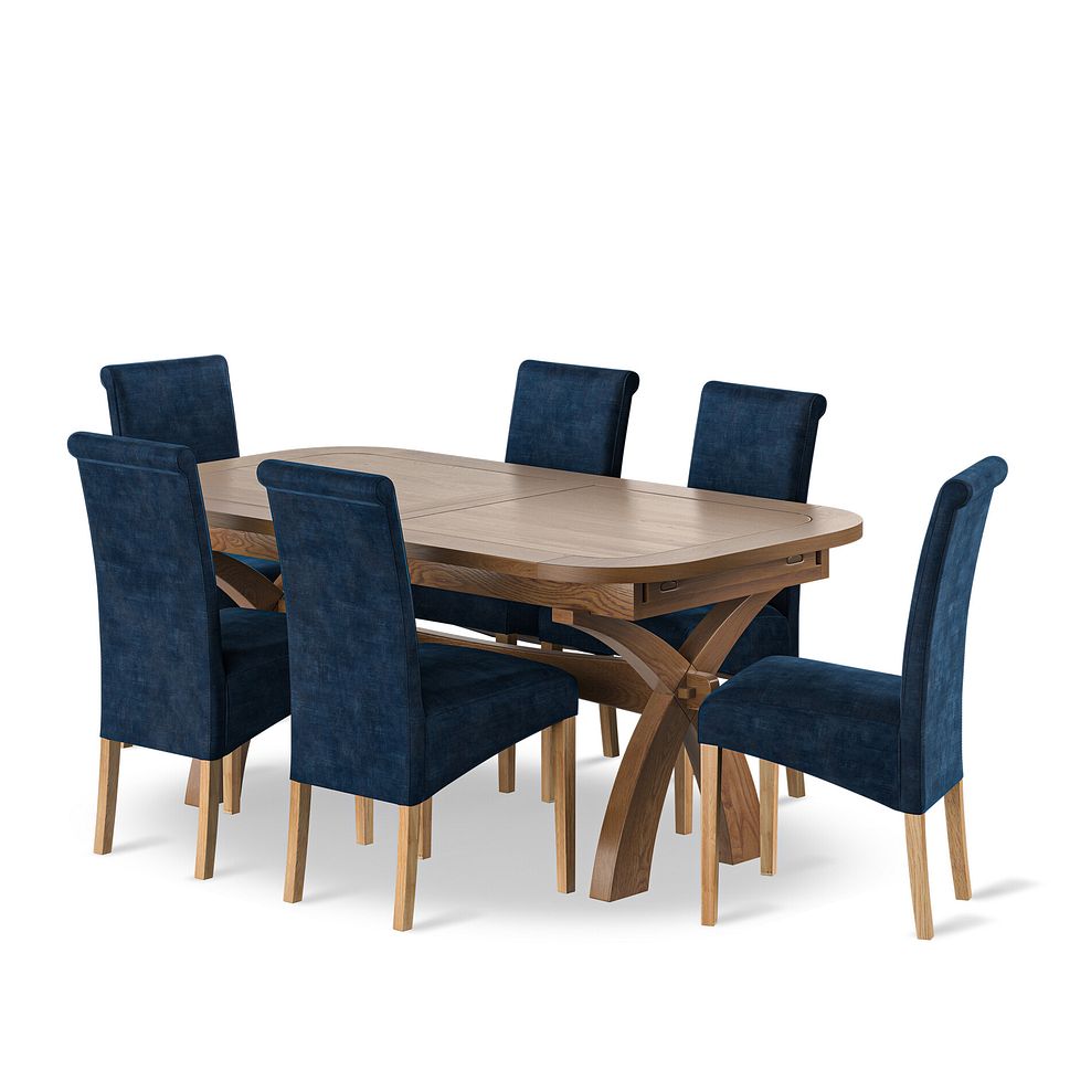 Hercules Rustic Oak 6ft Extending Dining Table + 6 Scroll Back Chairs in Heritage Royal Blue Velvet with Oak Legs 1