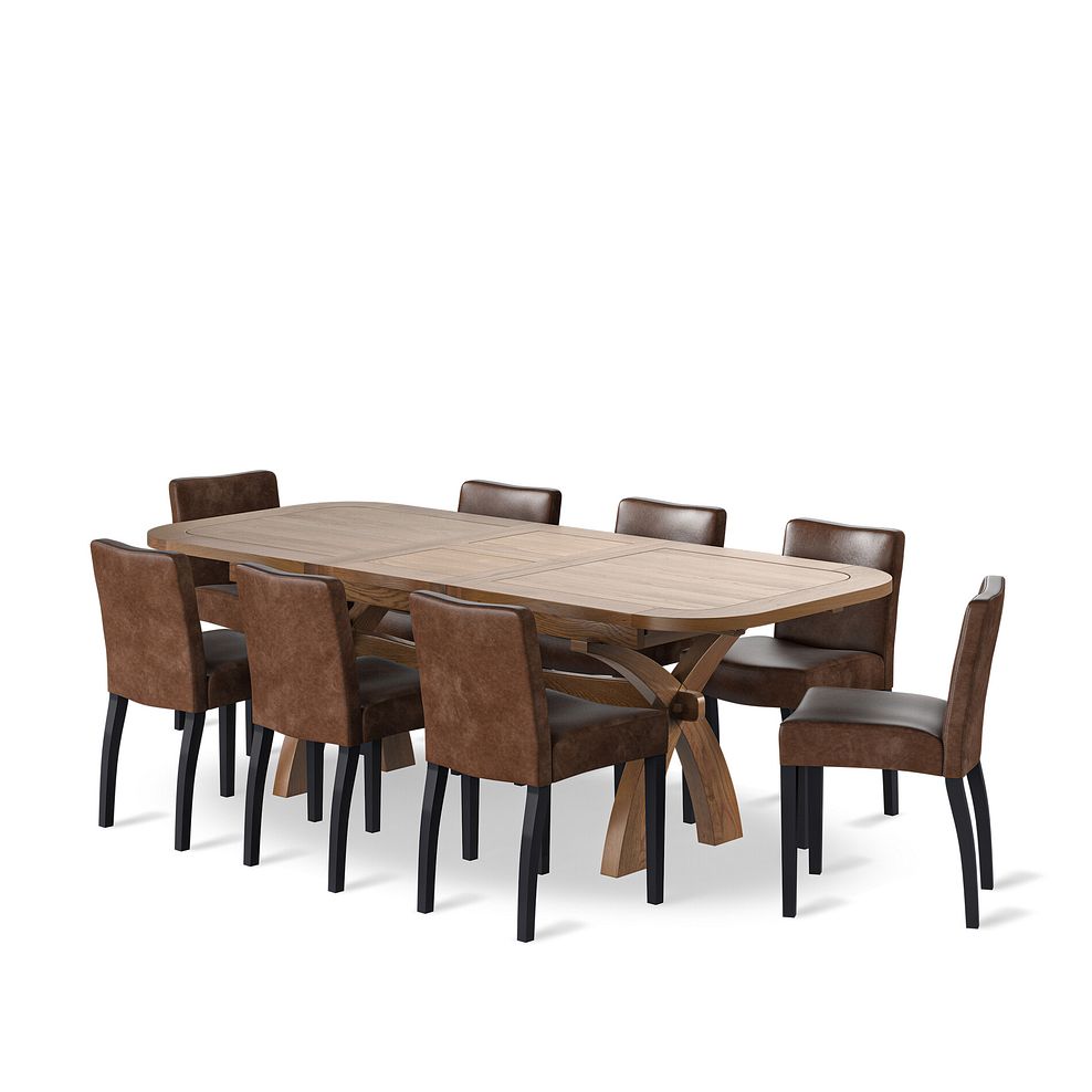 Hercules Rustic Oak 6ft Extending Dining Table + 8 Dawson Chairs with Black Legs in Vintage Brown Leather Look Fabric 1