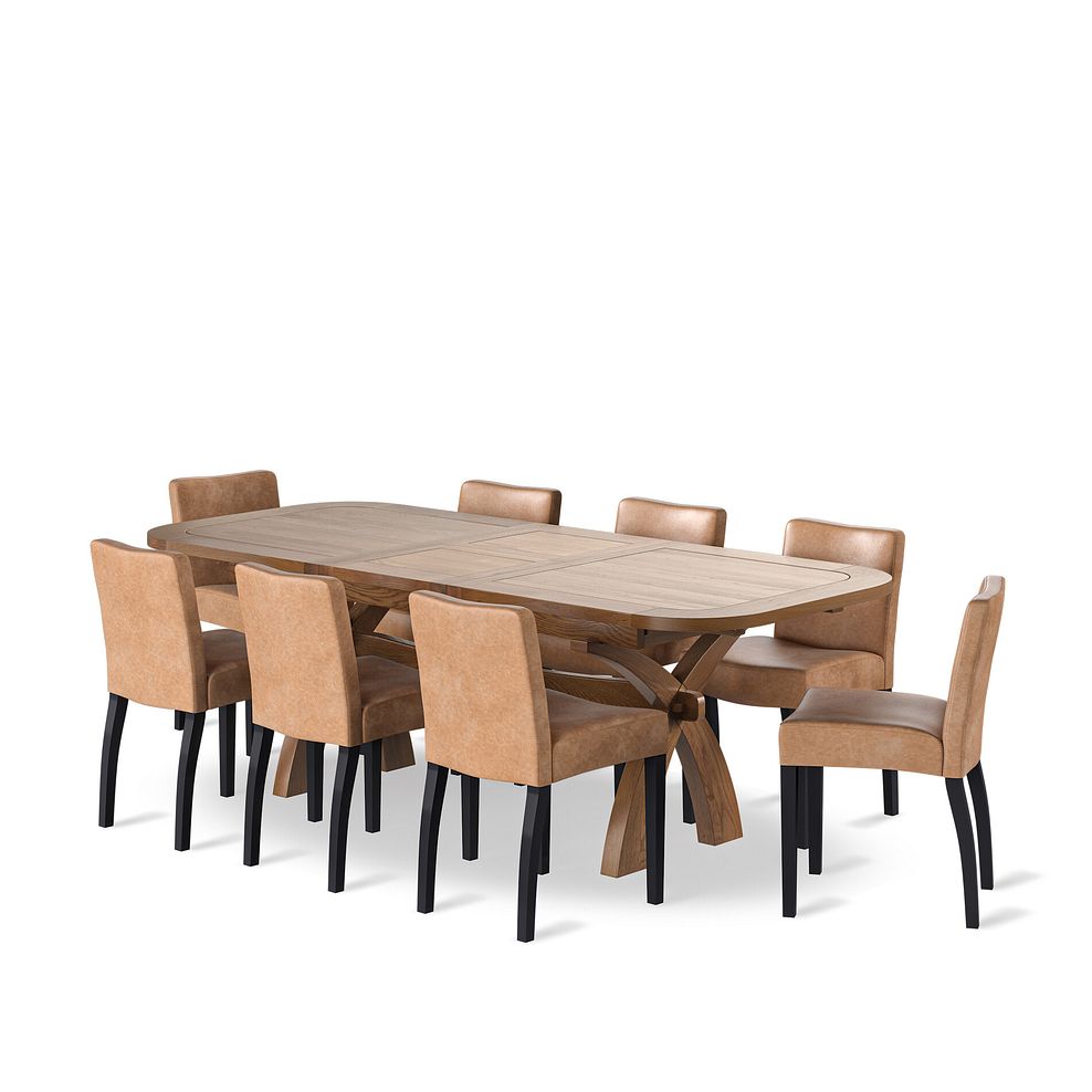 Hercules Rustic Oak 6ft Extending Dining Table + 8 Dawson Chairs with Black Legs in Vintage Tan Leather Look Fabric 1