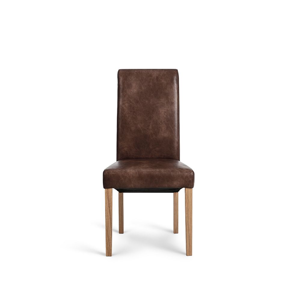 Hercules Rustic Oak Extending Dining Table + 4 Scroll Back Chairs in Vintage Brown Leather Look Fabric with Oak Legs 6