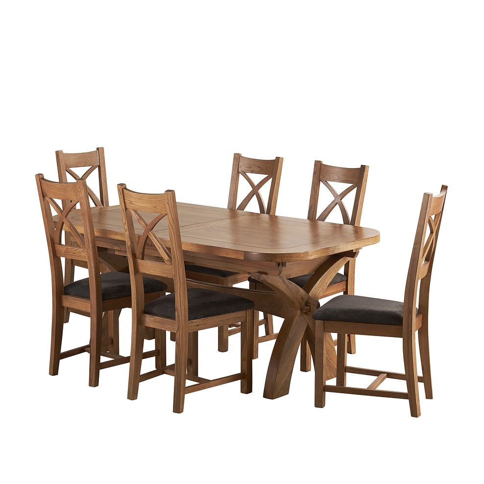 Hercules Rustic Oak Extending Dining Table + 6 Cross Back Rustic Oak Chairs with Plain Charcoal Fabric Seat 1