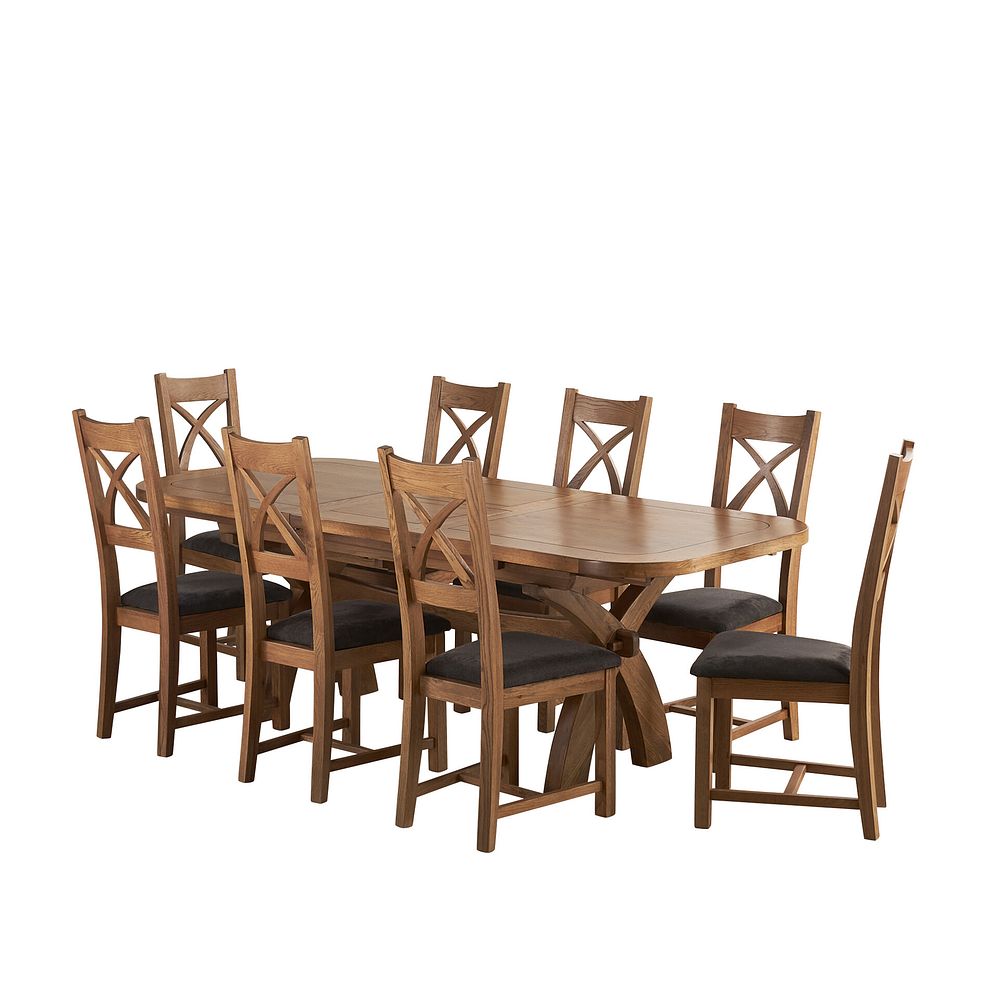 Hercules Rustic Oak Extending Dining Table + 8 Cross Back Rustic Oak Chairs with Plain Charcoal Fabric Seat 1