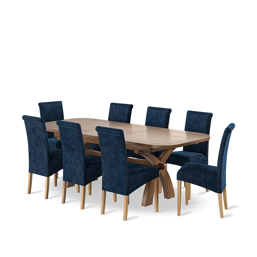 Hercules Rustic Oak Extending Dining Table + 8 Scroll Back Chairs in Heritage Royal Blue Velvet with Oak Legs 1