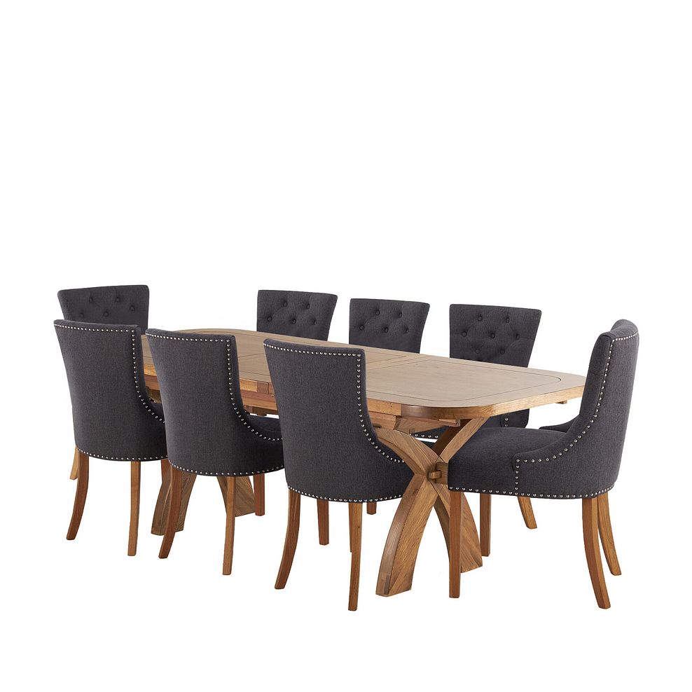 Hercules Rustic Oak Extending Dining Table + 8 Vivien Button Back Chairs in Grey Fabric 1