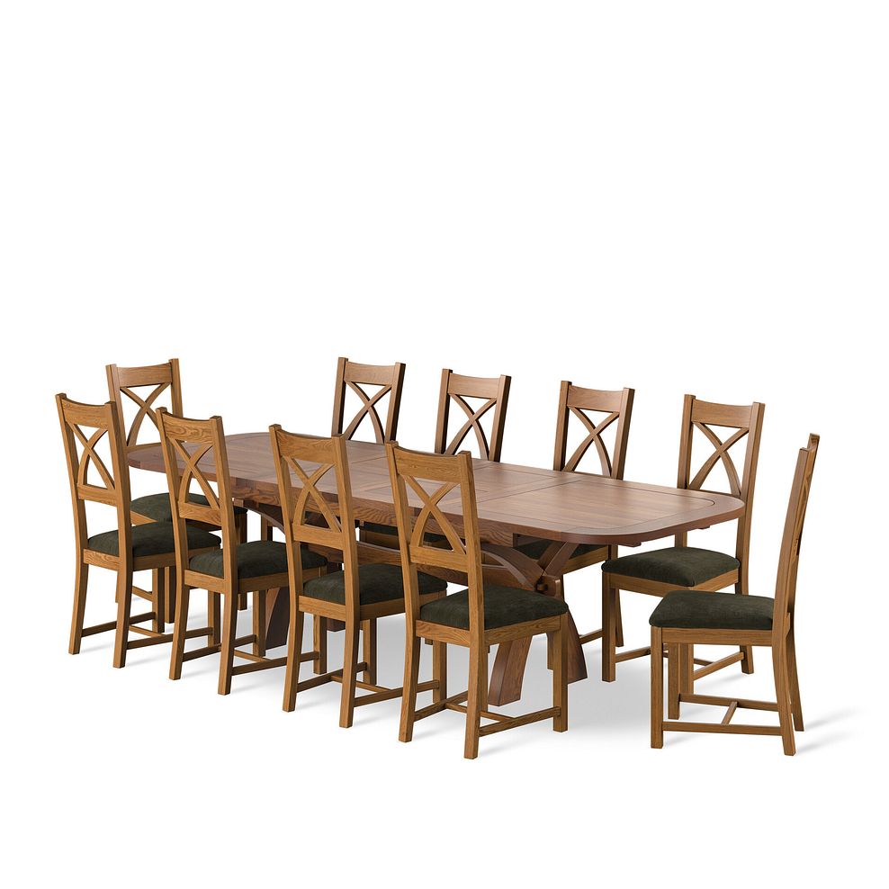 Hercules Rustic Oak Extending Dining Table And 10 Cross Backs In Verona Green 1