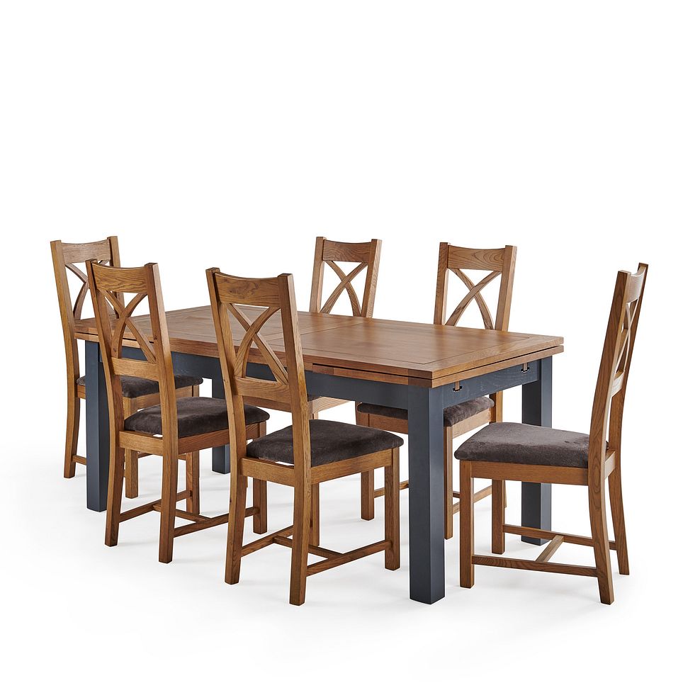 Highgate Blue Extendable Table and 6 Cross Back Chairs with Plain Charcoal Fabric Seats 1