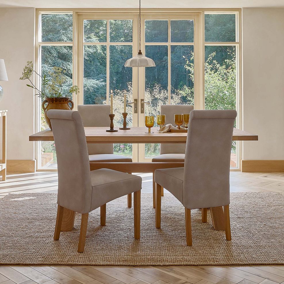 Highworth Natural Solid Oak Dining Table + 4 Scroll Back Chairs in Dappled Beige Fabric 1
