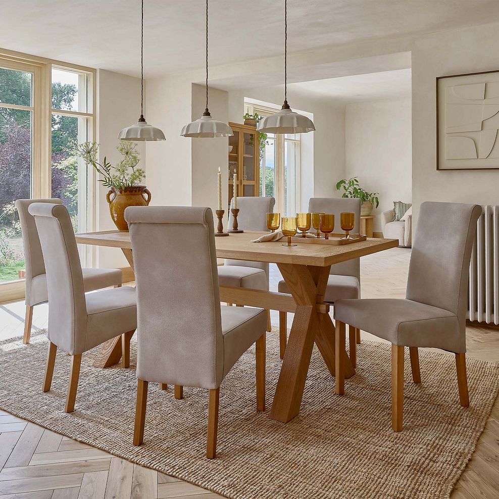 Highworth Natural Solid Oak Dining Table + 6 Scroll Back Chairs in Dappled Beige Fabric 2