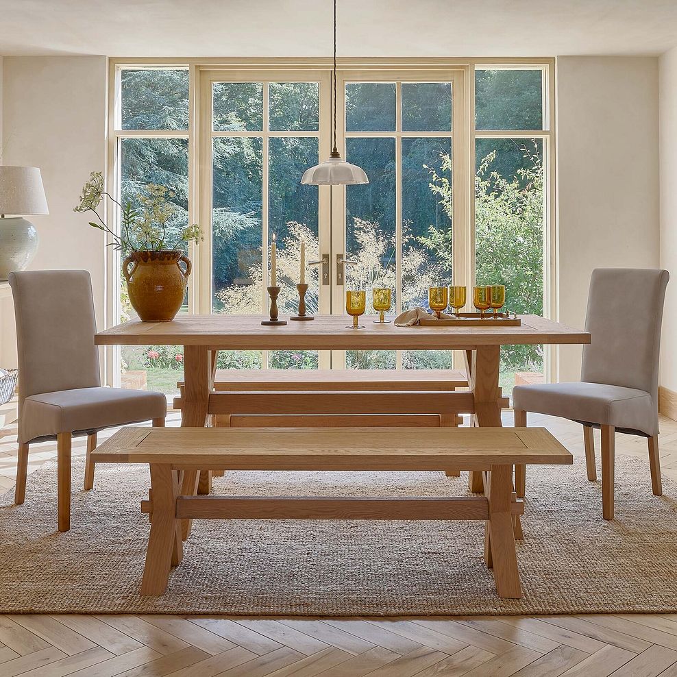 Highworth Natural Solid Oak Dining Table with 2 Highworth benches and 2 Scroll Back Chairs in Dapple Beige 2